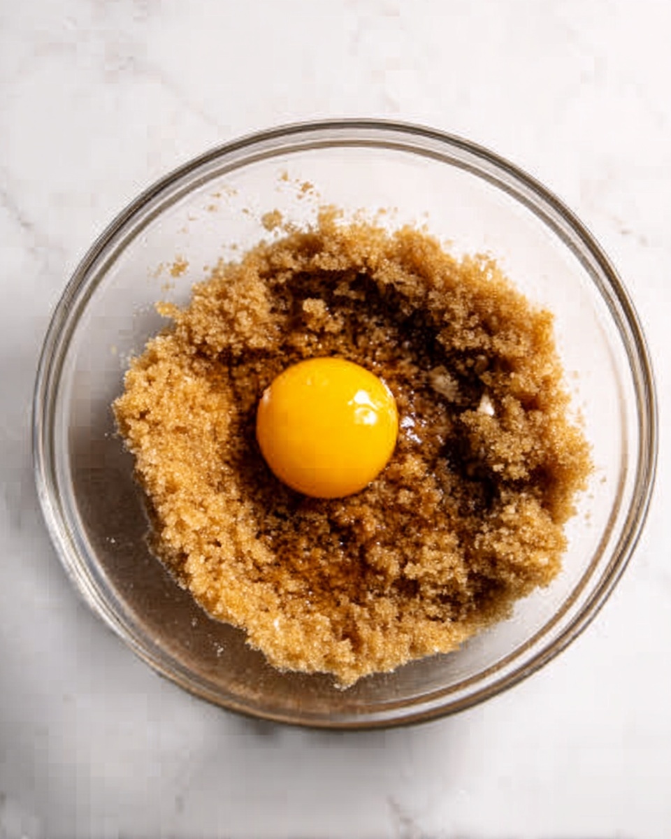 The image shows a clear glass bowl on a white marbled surface. Inside the bowl, there is a mixture that looks coarse and brown, covering most of the space. In the middle of the mixture, there is a fresh raw egg yolk sitting on top, bright yellow and smooth. The bowl is round, and the light reflects gently on its edges, making the textures inside clear and visible. Photo taken with an iphone --ar 4:5 --v 7