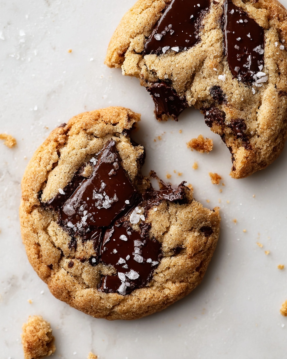 Two soft cookies lie on a white marbled surface, one whole and one broken to show the inside texture. The cookies are golden brown with a crumbly texture and large dark chocolate chunks melted and shiny on top. Coarse salt flakes are sprinkled over the chocolate and around the cookies, highlighting their texture. Crumbs scatter on the surface near the broken cookie, adding to the natural, fresh look. photo taken with an iphone --ar 4:5 --v 7
