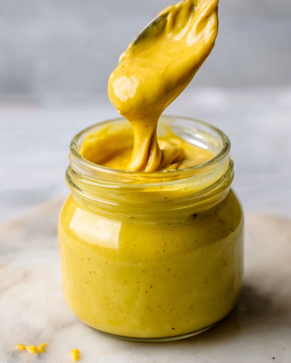 Creamy Pistachio White Chocolate Spread Recipe 5 A close-up image shows a small glass jar filled with thick, smooth yellow sauce being poured back into the jar from a spoon. The sauce has a creamy texture, with a vibrant golden yellow color and small specks visible inside. The jar is sitting on a white marbled surface with a blurred, light background, creating a clean and bright setting. photo taken with an iphone --ar 4:5 --v 7