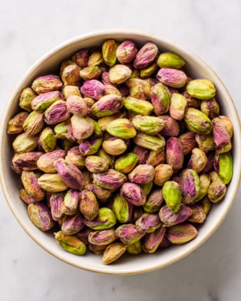A white bowl filled with many pistachio nuts, showing a mix of green, pink, and light brown colors. The nuts are piled up to the rim of the bowl with some open shells and some closed shells visible. The bowl sits on a white marbled surface, and the texture of the pistachios is rough and natural. photo taken with an iphone --ar 4:5 --v 7