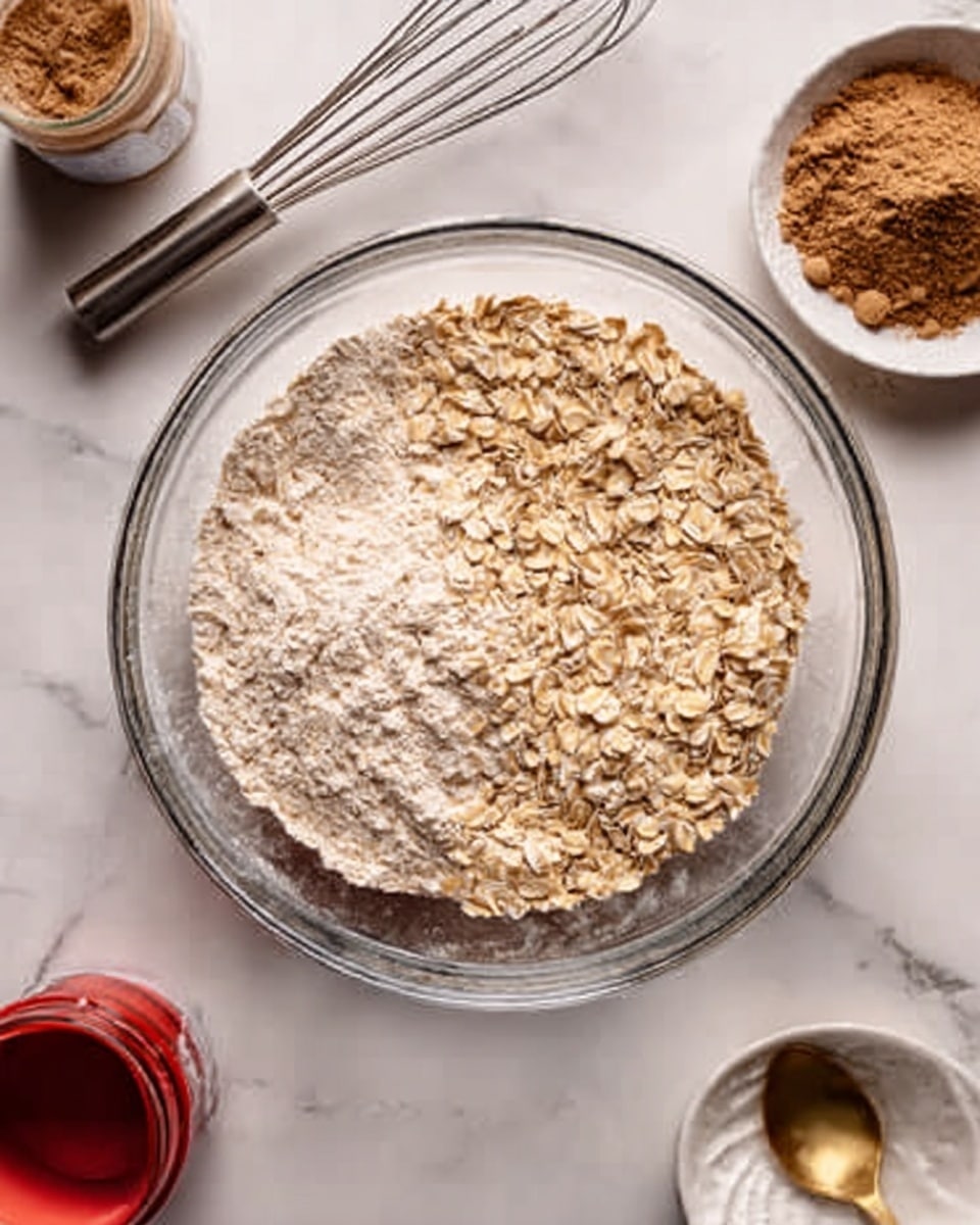 A clear glass bowl sits on a white marbled surface, filled with two layers: a light beige powder base topped with a layer of rolled oats. Surrounding the bowl are kitchen tools and ingredients, including a metal whisk, a small container with brown powder, a small red container, and a white dish holding a golden spoon. A woman's hand is partially visible near the top left corner. The scene is brightly lit, showing the texture of the oats and powder clearly. photo taken with an iphone --ar 4:5 --v 7