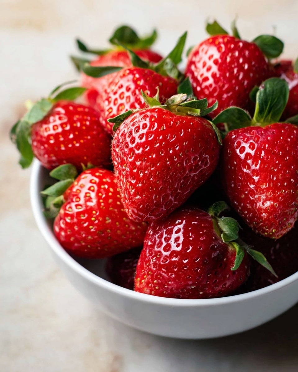 A close-up view of a white bowl filled with large, bright red strawberries that have small seeds and fresh green leafy tops. The bowl sits on a white marbled textured surface. The strawberries are piled high, showing their shiny and bumpy texture clearly. The light highlights the freshness and juiciness of the strawberries. Photo taken with an iphone --ar 4:5 --v 7