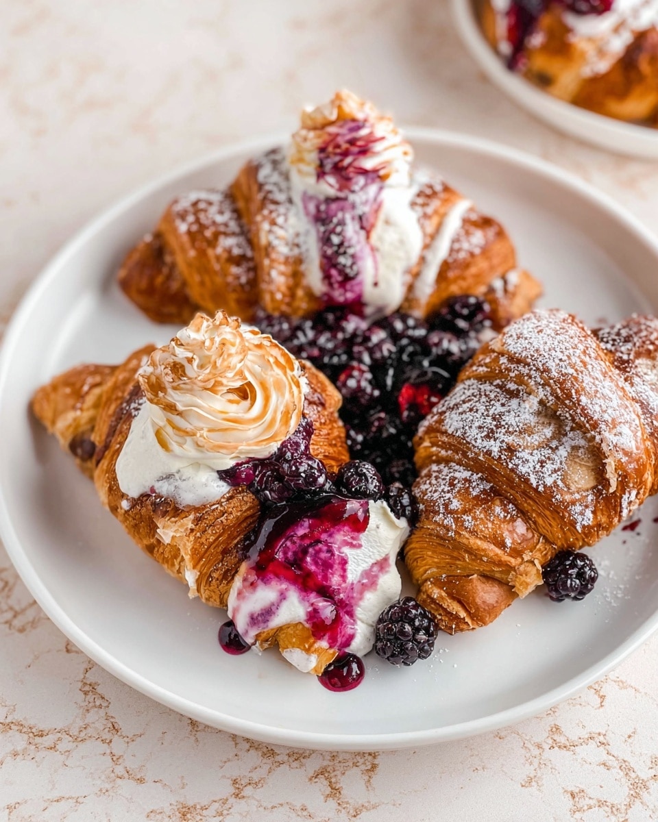 A white plate with three croissants layered with powdered sugar, syrup, and small black blueberries scattered on and around them. The croissants are golden brown and flaky, with bright purple and red berry sauce and cream drizzled and dolloped on top. One croissant is topped with a swirl of toasted cream, while the berry cream is thick and slightly melted on the side. The plate sits on a white marbled textured surface. photo taken with an iphone --ar 4:5 --v 7