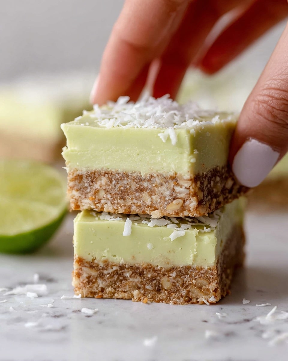 Two square dessert bars stacked on each other on a white marbled surface, each with two layers: a thick, textured, light brown base with visible oats or nuts, and a smooth, pale green top layer that looks creamy. The top layer is sprinkled with small white flakes, likely coconut. A woman's hand is gently holding the top bar from above, with a sliced lime half visible on the left side. The focus is tight, showing the dessert details clearly. photo taken with an iphone --ar 4:5 --v 7