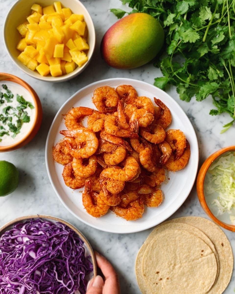 A white plate full of cooked shrimp piled in the center, showing their reddish-orange color and slightly crispy texture. Around the plate, there are bowls and plates with other food items: a white bowl with yellow chopped mango or pineapple, a white plate with purple shredded cabbage, and an orange bowl with a white creamy sauce topped with small green herbs. There is a whole green lime and a mango near the top of the image, and a bunch of fresh green cilantro lies on the white marbled surface. The scene shows a woman's hand reaching from the left side toward the shrimp plate. photo taken with an iphone --ar 4:5 --v 7