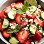 Watermelon Strawberry Salad with Feta, Cucumber, and Mint in Honey Lime Vinaigrette Recipe