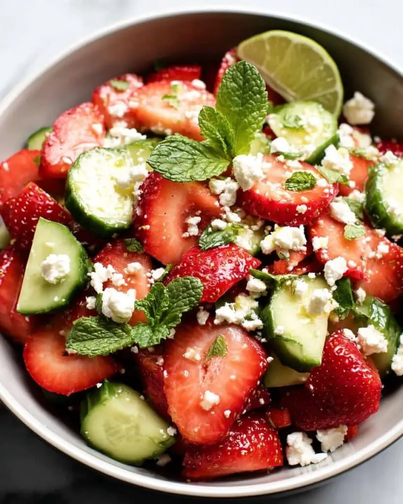 Watermelon Strawberry Salad with Feta, Cucumber, and Mint in Honey Lime Vinaigrette Recipe
