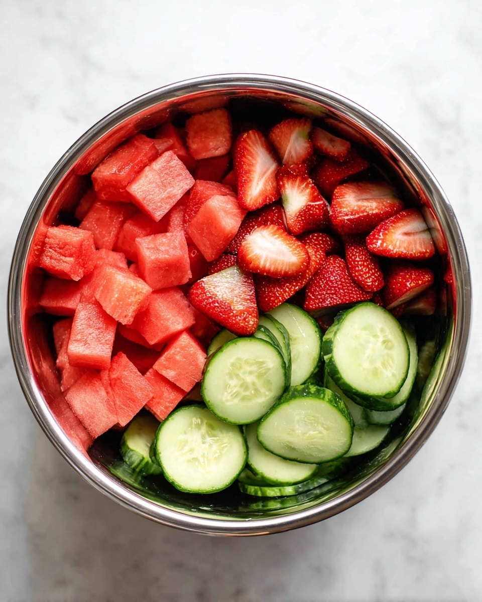 A metal mixing bowl sits on a white marbled surface, filled with a colorful salad. The bottom layer consists of bright green cucumber slices, round and fresh. Above them, chunks of red watermelon add a bold, juicy color. On top of the fruit and cucumber, finely chopped fresh green herbs are scattered, mainly in one area. A small pile of white crumbly cheese sits in the center, contrasting with the greens and reds. A red spatula and a white utensil rest inside the bowl on the right side. Photo taken with an iphone --ar 4:5 --v 7