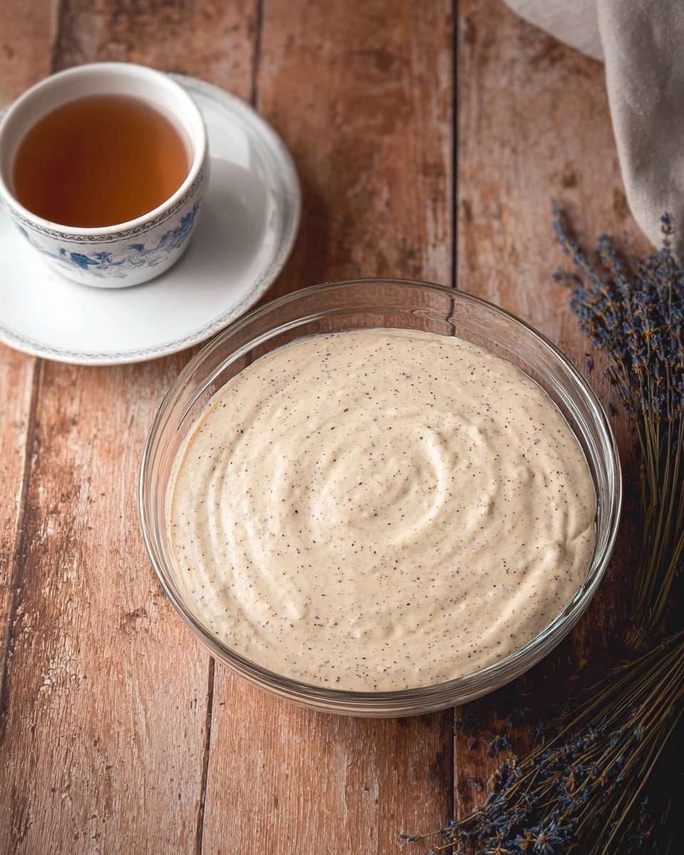 A clear glass bowl filled with a creamy, light beige batter speckled with small dark grains sits on a worn, rustic wooden surface. The batter inside the bowl has a smooth texture with gentle swirls on the top. Next to the bowl is a white cup of light brown tea on a matching white saucer with a blue pattern, positioned slightly towards the bottom left corner. Some dried lavender stems lay on the wooden surface to the right of the bowl, adding a natural, delicate touch to the scene. The whole setting has a warm, cozy feel. Photo taken with an iphone --ar 4:5 --v 7