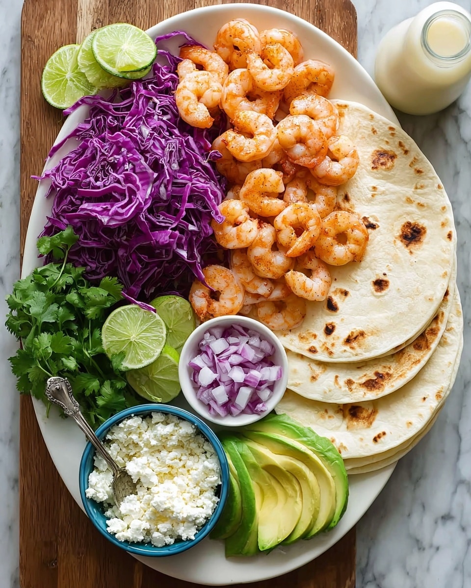The dish shows a large white oval plate arranged beautifully with four soft tortillas stacked on the top right, light golden with some toasted spots. Below the tortillas, there is a pile of cooked shrimp, pink and orange with a slight char, forming the plate's central focus. To the left of the shrimp, there is a heap of shredded purple cabbage with a bright, crunchy texture. Below the cabbage are three lime wedges, fresh and green, placed near finely chopped red onions. In the center bottom, a small blue bowl filled with crumbly white cheese is placed with a silver spoon inside it. On the right side of the cheese bowl, there are slices of light green avocado arranged neatly in two rows, and fresh cilantro leaves next to them. A white squeeze bottle, probably containing sauce, is placed just beyond the plate on a white marbled surface. The whole scene looks fresh and colorful with a natural vibrant look, photo taken with an iphone --ar 4:5 --v 7