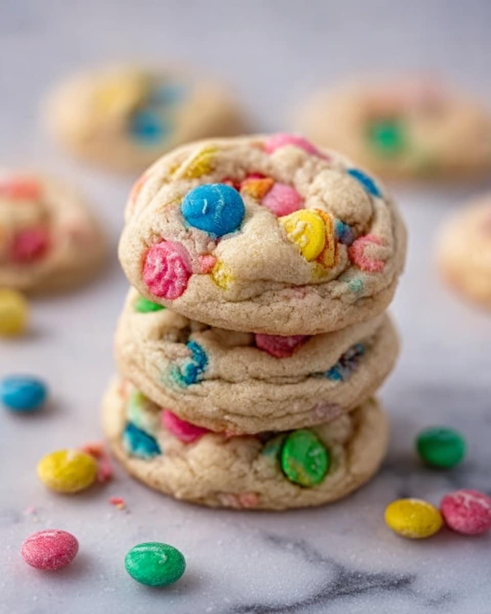 The image shows a stack of four soft, round cookies on a white marbled surface. Each cookie is light tan in color with a slightly cracked texture and is filled with colorful, small candy pieces that are pink, yellow, blue, green, and red, scattered on top and inside the cookies. Around the stack, a few extra colorful candies are spread loosely on the white marbled surface. In the background, more blurred cookies and candies can be seen, giving a cozy and sweet feel. photo taken with an iphone --ar 4:5 --v 7