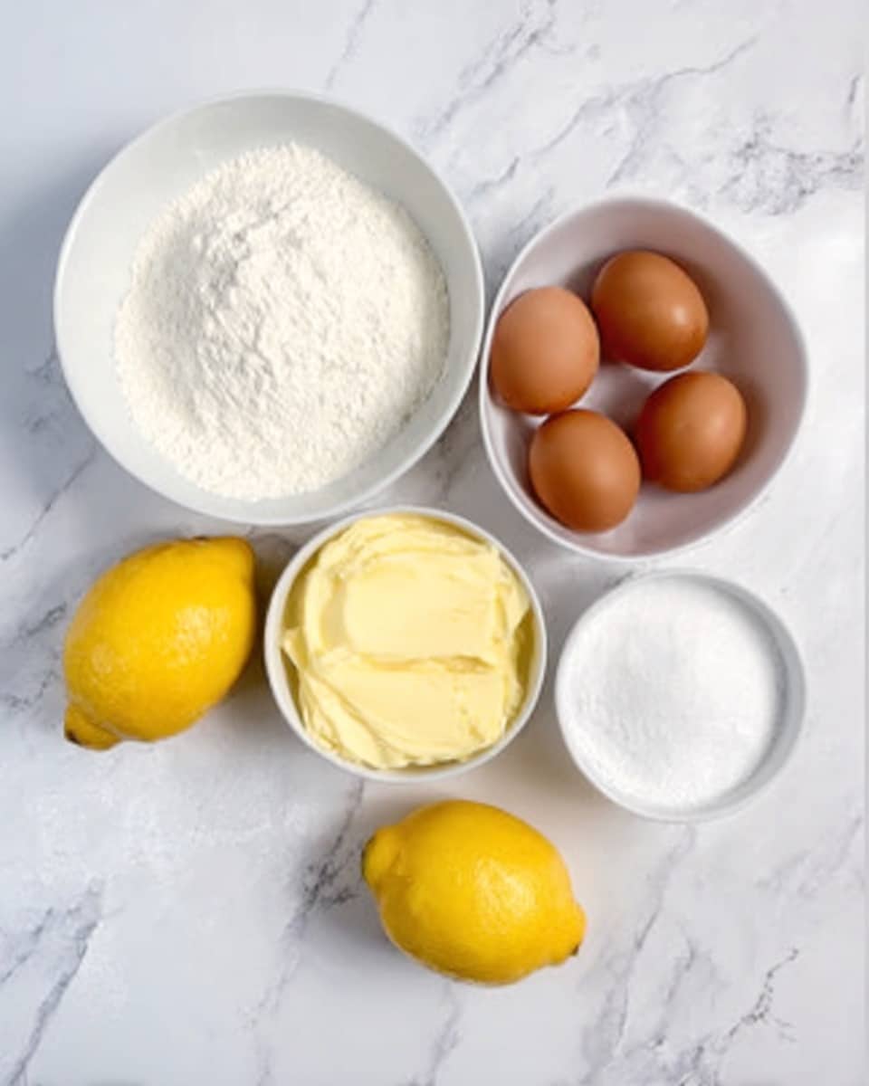 The image shows five white bowls placed on a white marbled surface with two bright yellow lemons beside them. One bowl contains white flour with a soft texture, another holds smooth yellow butter, a third has four brown eggs with a natural sheen, and the fourth is filled with fine white granulated sugar. The lemons are positioned near the butter and flour, adding a splash of color to the arrangement. Photo taken with an iphone --ar 4:5 --v 7