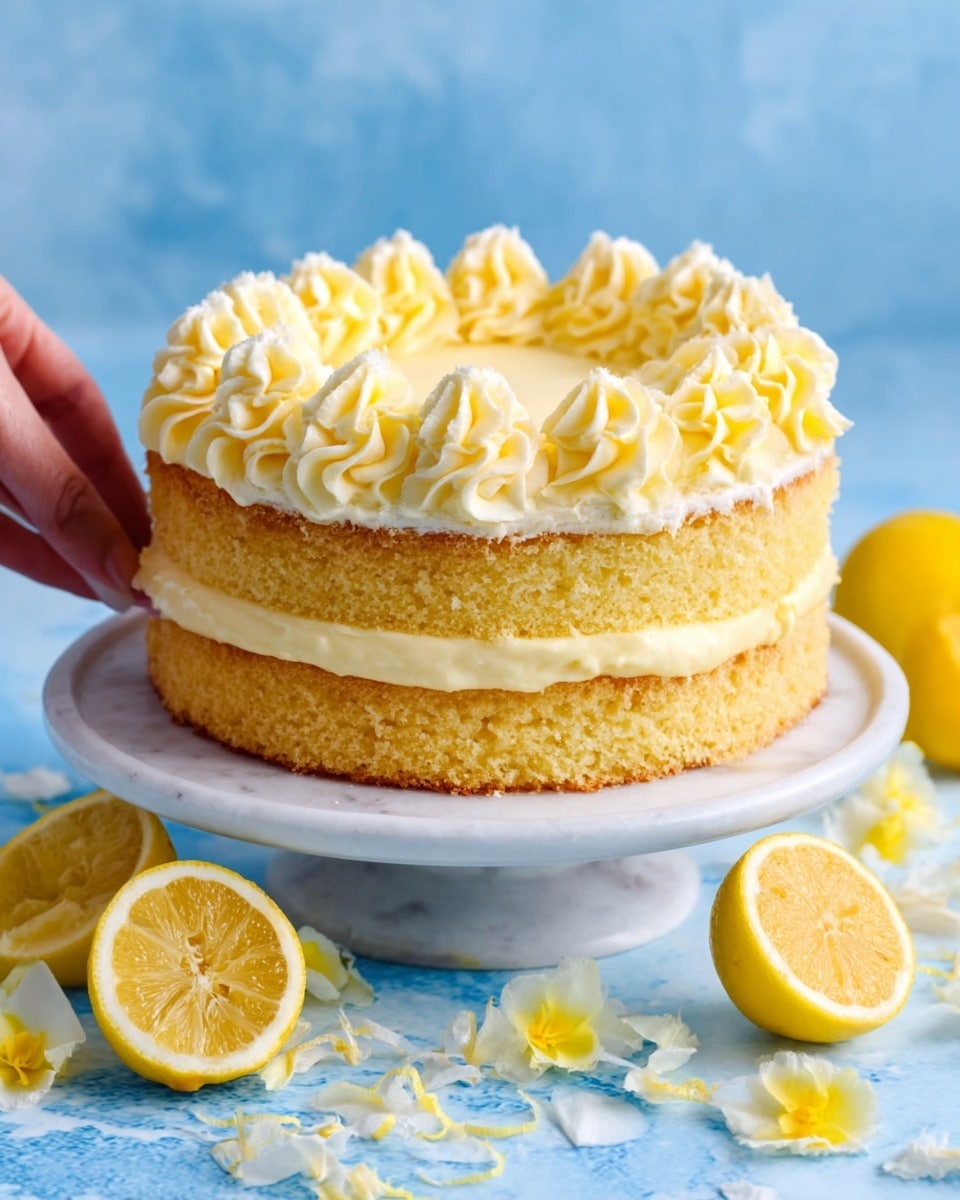 A two-layer yellow sponge cake sits on a white plate, each layer separated by a smooth, light yellow cream filling. The top layer is covered with the same cream, decorated with large piped swirls of cream around the edges. The cake is set on a white marbled surface with a bright blue background, and fresh lemon halves are placed around the plate. A woman's hand is gently touching the cake. Photo taken with an iphone --ar 4:5 --v 7