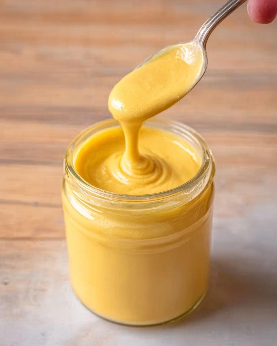 A clear glass jar filled with smooth, thick yellow sauce is seen from above on a white marbled surface. A spoon is held by a woman's hand above the jar, dripping some of the sauce back into it. The sauce is creamy and shiny, with a rich texture and a soft swirl pattern on top. The background shows a soft focus wooden texture with light, warm colors complementing the jar. photo taken with an iphone --ar 4:5 --v 7