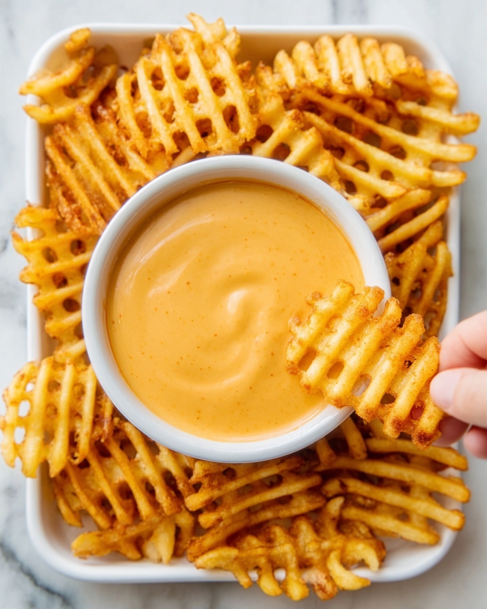 The image shows a white rectangular tray filled with crispy golden waffle fries that have a textured, crisscross pattern. In the center of the tray, there is a small white round bowl filled with a smooth, creamy orange dipping sauce. The waffle fries surround the bowl closely, creating a contrast between the rough fries and the smooth sauce. A woman's hand is holding a waffle fry close to the bowl. The tray is placed on a white marbled surface. Photo taken with an iphone --ar 4:5 --v 7