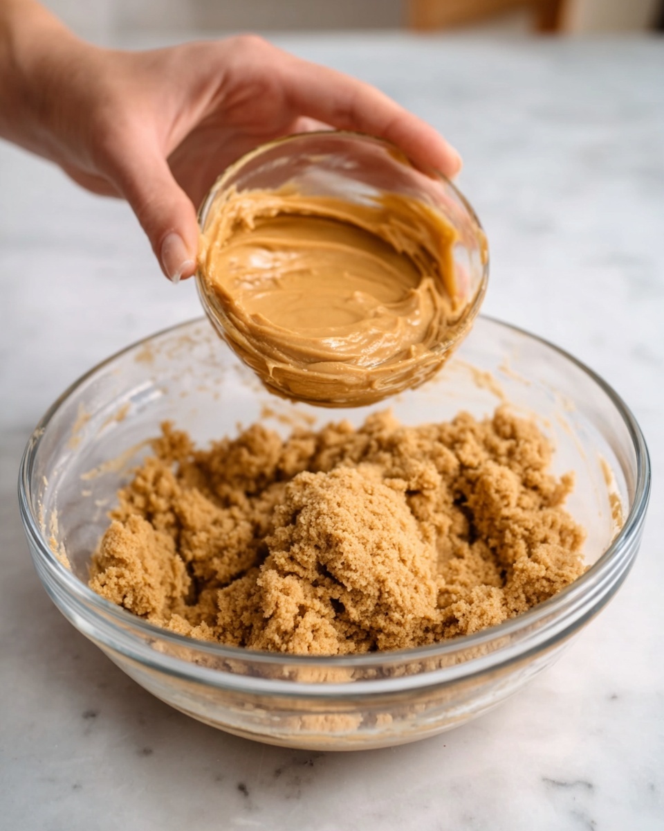 A clear glass bowl sits on a white marbled surface, filled with a light brown thick dough-like mixture. Above the bowl, a woman's hand holds a small clear glass bowl filled with smooth, creamy peanut butter, poised to be added into the larger bowl. The texture of the peanut butter is shiny and smooth, contrasting with the rough, crumbly texture of the dough below. The background is softly blurred, focusing attention on the bowls and the woman's hand. Photo taken with an iphone --ar 4:5 --v 7