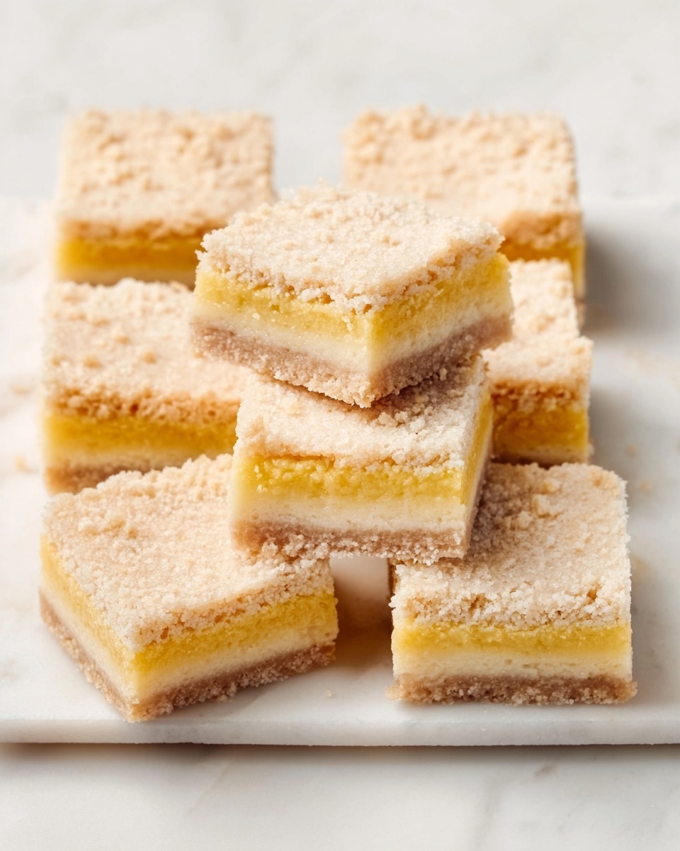 The image shows a white plate with nine square bars arranged neatly. Each bar has three clear layers: the top layer is light yellow with a lightly crumbly texture, the middle layer is pale beige and looks soft and smooth, and the bottom layer is similar in color to the middle but a bit firmer. Two bars are stacked in the center, showing the layers clearly from the side. The plate is placed on a white marbled surface, and the lighting is bright, making the colors of the bars stand out. photo taken with an iphone --ar 4:5 --v 7