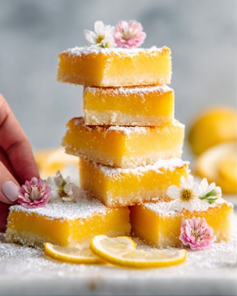 The image shows a stack of five square lemon bars with a light yellow color, each layer dusted lightly with powdered sugar and separated carefully on a white marbled surface. The lemon bars have a smooth top layer and a firmer base layer, with a soft and moist texture visible on the sides. Around the base of the stack are thin lemon slices and small pink and white flowers for decoration. A woman's hand is gently holding one lemon bar in the lower right corner. The background is softly blurred with a light gray tone, making the yellow color of the bars stand out. Photo taken with an iphone --ar 4:5 --v 7