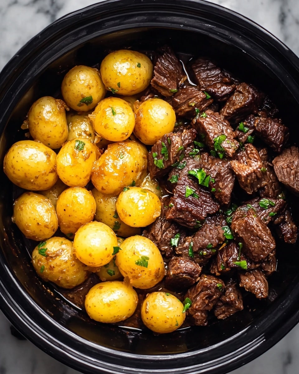 Slow Cooker Garlic Butter Beef Bites with Potatoes Recipe