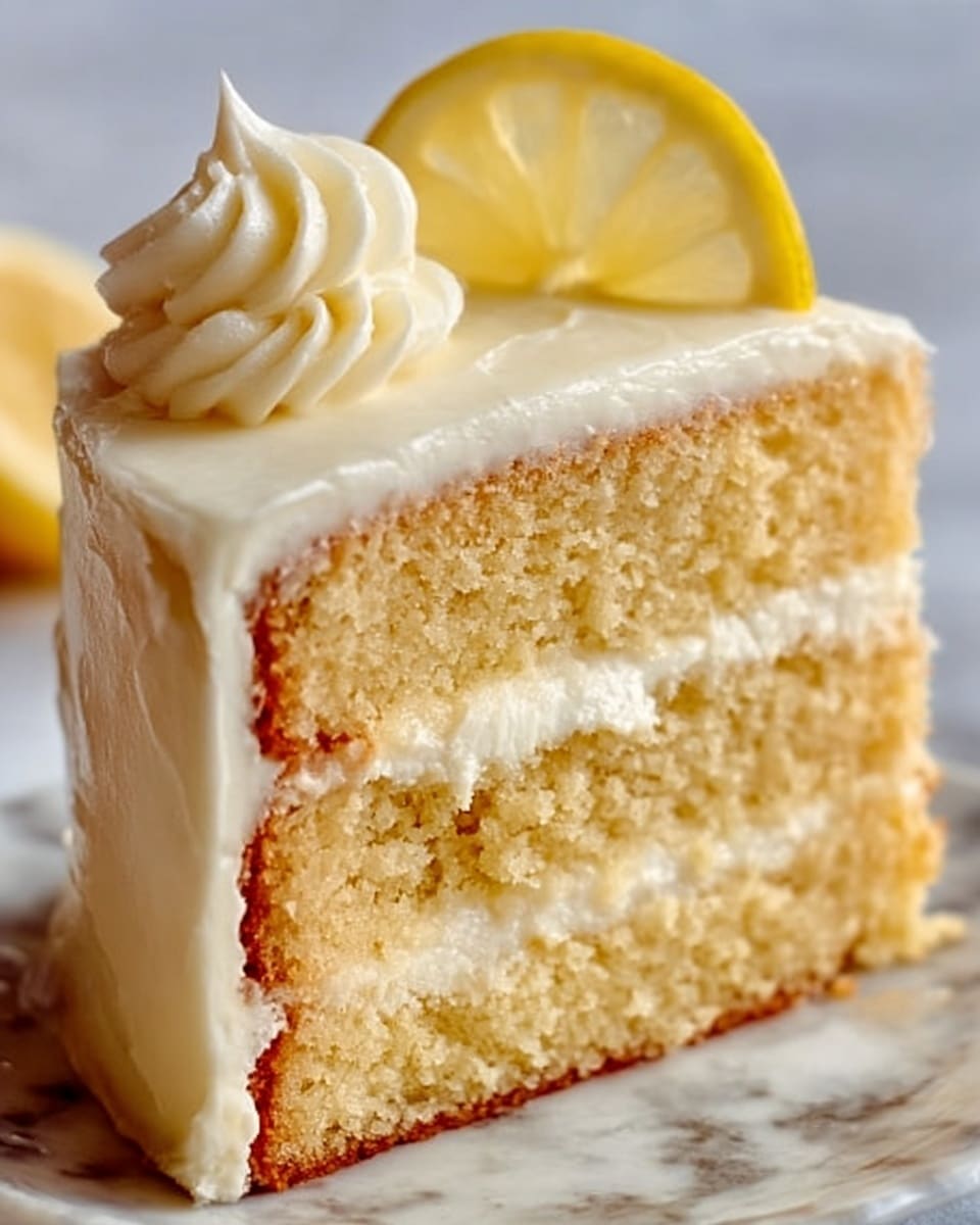 A close-up image of a slice of two-layer vanilla cake on a white marbled surface. The cake layers are light golden brown with a moist texture. Between the layers, there is a thick layer of smooth white cream filling. The outside of the cake is coated with a smooth, white frosting. On top of the slice, there is a small swirl of white cream next to a thin lemon slice. The photo taken with an iphone --ar 4:5 --v 7