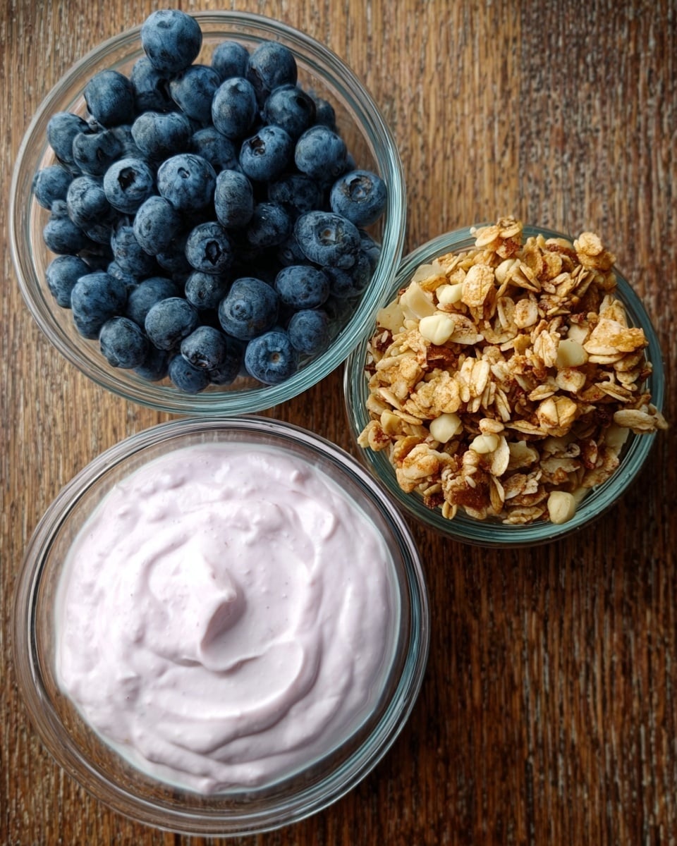 The image shows three clear glass bowls arranged closely on a brown wooden surface, now described as a white marbled texture. The top left bowl is filled with fresh, dark blue blueberries, tightly packed. The top right bowl holds chunky, golden-brown granola mixed with bits of nuts. The bottom bowl contains light pink yogurt with a creamy texture and slight swirls on top. The bowls sit side by side, forming a triangle. Photo taken with an iphone --ar 4:5 --v 7