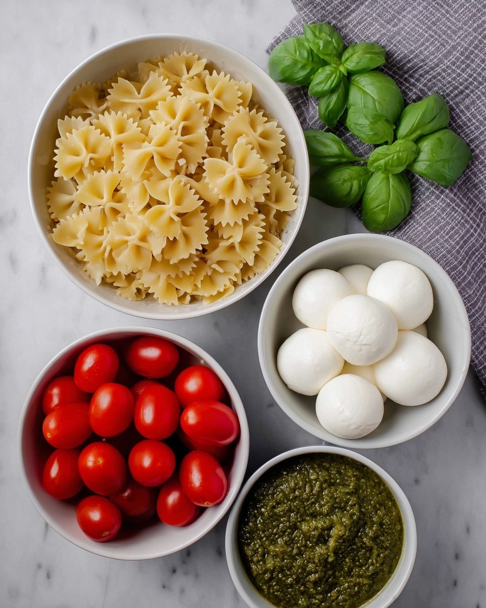 The image shows four white bowls placed on a white marbled surface. The largest bowl is filled with uncooked farfalle pasta, showing a light yellow color and a slightly rough texture with bow-tie shapes. Next to it, a bowl holds eight smooth, round white mozzarella balls. Below that, another bowl contains a bunch of bright red cherry tomatoes with shiny surfaces. The last bowl at the bottom right has a coarse green pesto sauce with a slightly chunky texture. Fresh green basil leaves with visible veins are placed above the bowls. A gray and white checkered cloth lies partly in the frame on the right side. Photo taken with an iphone --ar 4:5 --v 7
