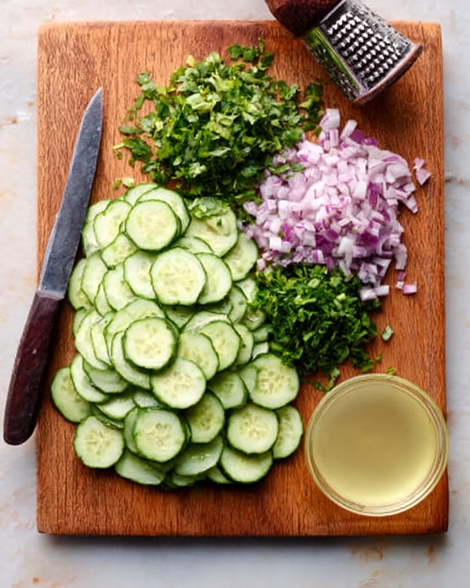 This image shows a wooden board with thin, round slices of cucumber spread at the bottom left corner. Above the cucumber slices, there are four small piles of chopped ingredients—green herbs, finely chopped purple onions, white garlic pieces, and bright green cilantro. A knife with a dark handle lies on the left side of the board. At the top left corner, a woman's hand holds a brown nutmeg grater. On the bottom right, there is a small clear bowl filled with pale yellow liquid. The background surface is a white marbled texture. photo taken with an iphone --ar 4:5 --v 7