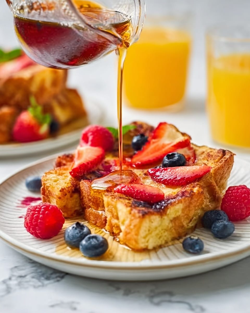 A small white plate holds a thick slice of golden-brown French toast with a crispy texture, topped with sliced red strawberries and scattered whole blueberries. A clear glass pitcher is pouring amber-colored syrup over the toast, creating a shiny layer on top. Around the plate are a few loose fresh raspberries and blueberries. In the background, there is a glass of orange juice and a blurred white marbled surface. The whole scene is bright and colorful, showing a fresh and tasty breakfast. Photo taken with an iphone --ar 4:5 --v 7