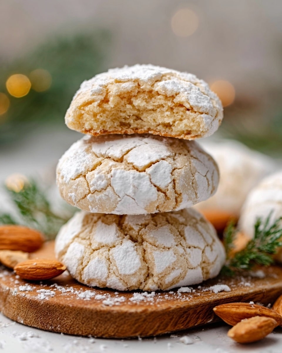 The image shows a stack of three round crinkle cookies with a cracked white powdered sugar coating. The bottom two cookies are whole, showing their pale beige color with a rough, cracked surface. The top cookie is broken in half, revealing a soft, light brown inside. The cookies sit on a wooden board that rests on a white marbled surface. There are some almonds and green pine leaves around the board, adding natural colors and textures. The background is blurred with soft natural light, focusing on the cookies in the center. photo taken with an iphone --ar 4:5 --v 7