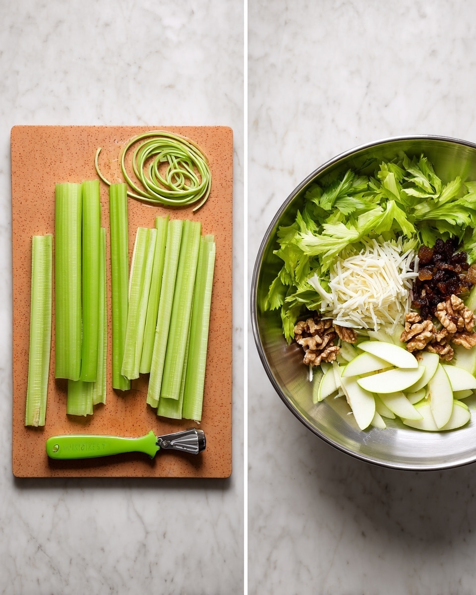The image shows two side-by-side photos on a white marbled surface. On the left, there is a tan cutting board with six fresh green celery stalks placed in a row and light green celery peelings curled next to a small green peeler lying flat on the board. On the right, a shiny silver bowl contains vibrant celery leaves at the bottom left, thin green apple slices curved on the right edge, large white cheese shavings scattered across the top, and a small pile of walnut pieces and dried dark fruit near the center. photo taken with an iphone --ar 4:5 --v 7