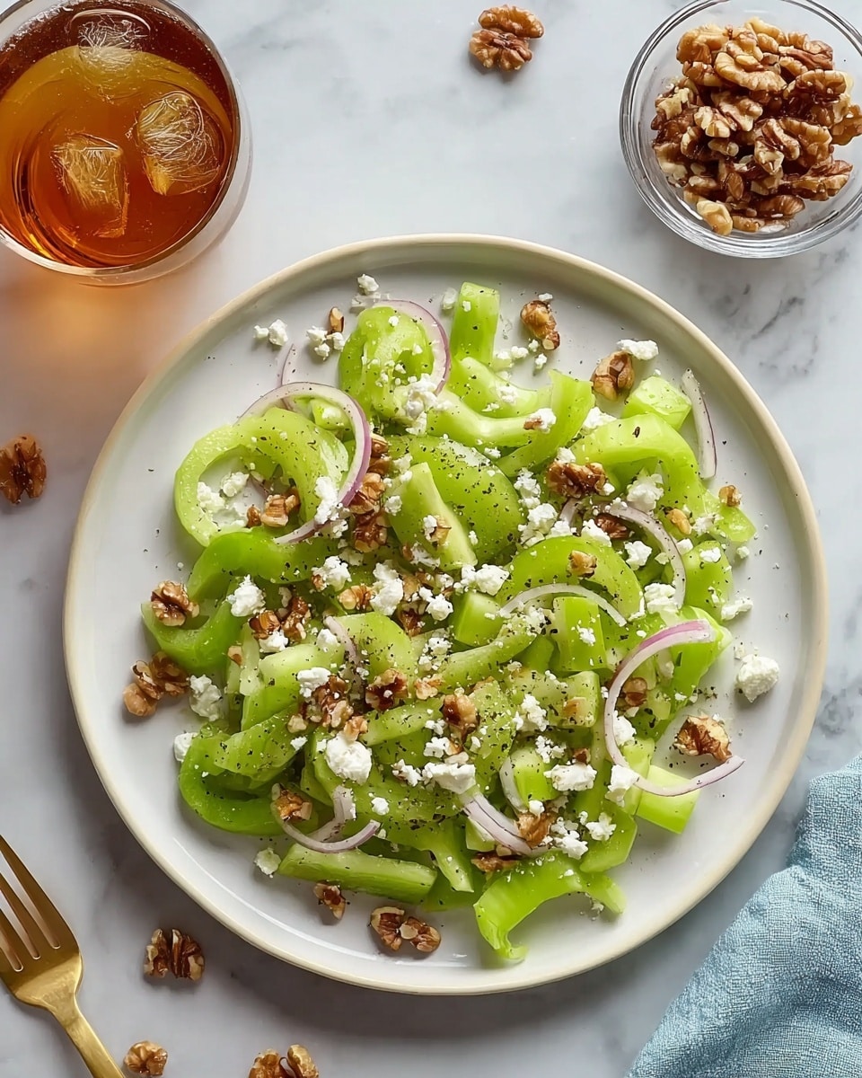 A white plate holds a fresh celery salad with about three main layers: the base layer is bright green celery pieces cut into curved slices and sticks, mixed with thin rings of light purple onion scattered evenly. On top, small white crumbles of cheese and small clusters of brown chopped nuts are spread across, with a few black pepper specks giving small dark dots over the salad. Around the plate on the white marbled surface, some nut pieces sit loosely near a small clear bowl filled with walnuts to the upper right. At the upper left on the same surface, a glass of brown iced tea with ice cubes adds a refreshing touch. The scene is clean and simple, with soft lighting. photo taken with an iphone --ar 4:5 --v 7