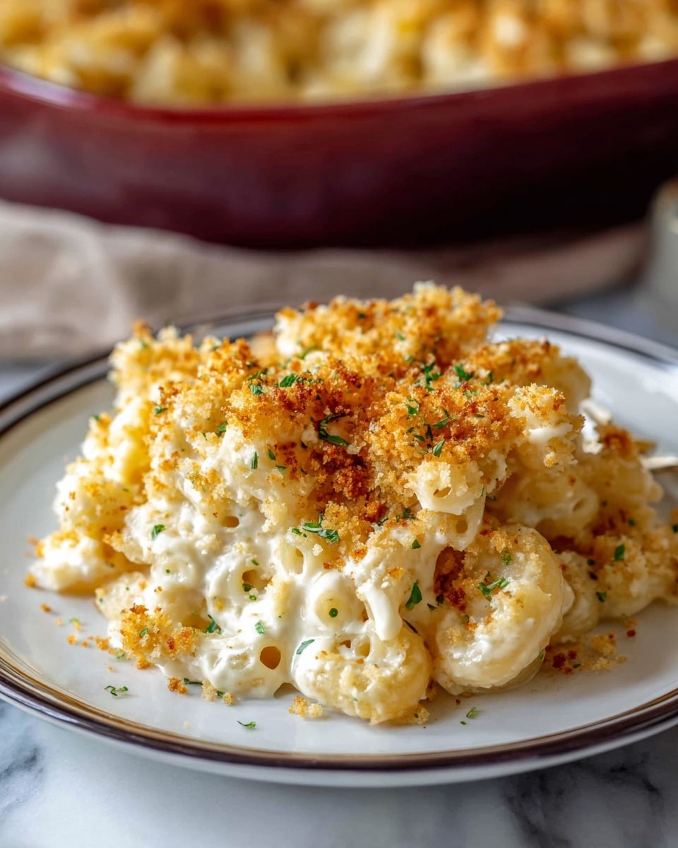 A close-up view of creamy macaroni covered with a golden-brown breadcrumb topping, showing three layers: a base layer of soft, pale yellow pasta, a thick middle layer of smooth, white cheese sauce, and a top layer of crisp, toasted breadcrumbs with hints of green herbs scattered throughout. The macaroni is piled on a shiny white plate with a thin dark rim, set on a white marbled surface, giving a warm and comforting look to the dish. In the background, a soft-focus larger dish of more macaroni is visible. Photo taken with an iphone --ar 4:5 --v 7