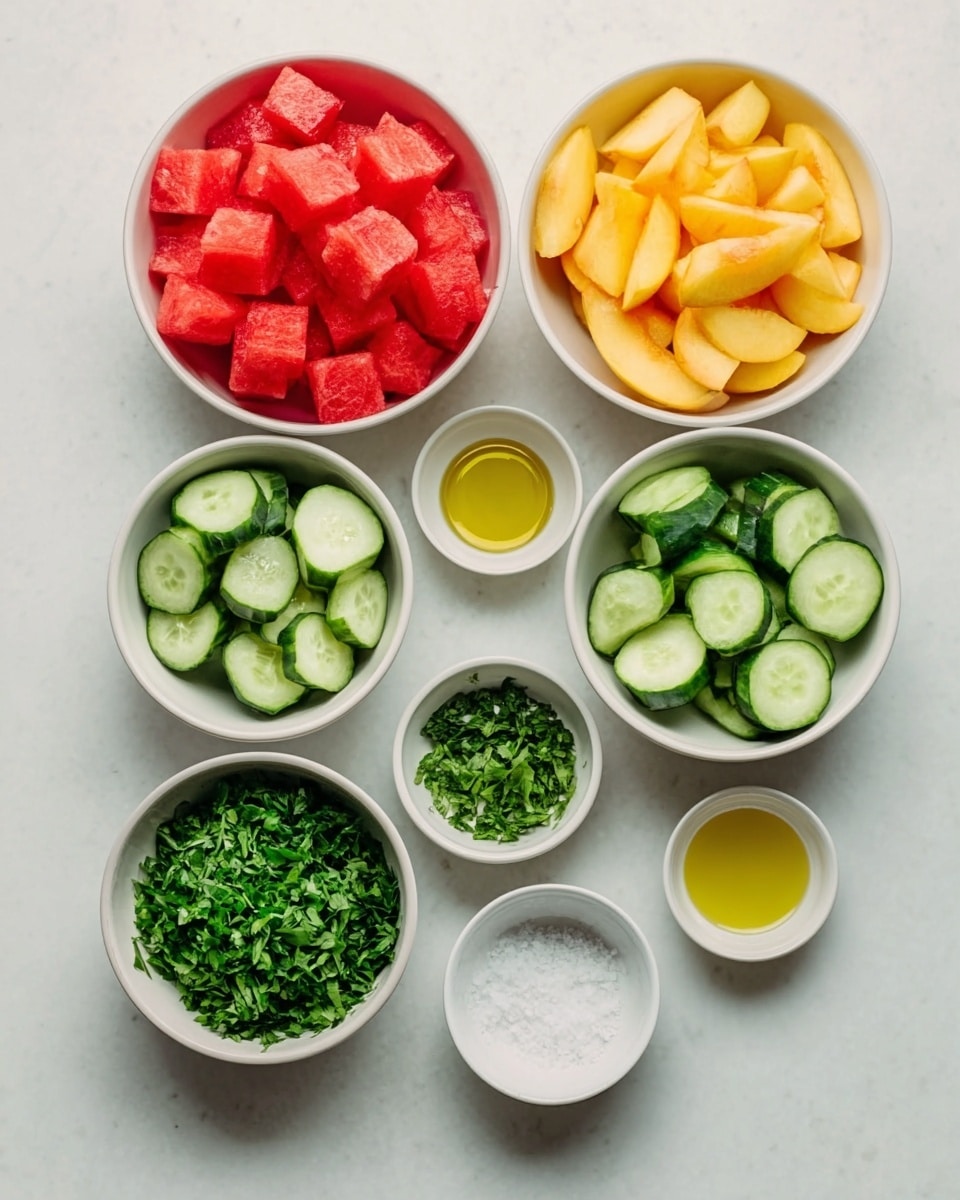 The image shows seven white bowls arranged neatly on a white marbled surface. The top row has three bowls filled with red watermelon cubes, yellow peach slices, and green cucumber slices from left to right. Below them are two smaller bowls filled with chopped green herbs and another green herb finely chopped. At the bottom are two very small bowls, one with light golden oil and the other with white salt. The bowls are all clean and plain, and no other items are visible. Photo taken with an iphone --ar 4:5 --v 7