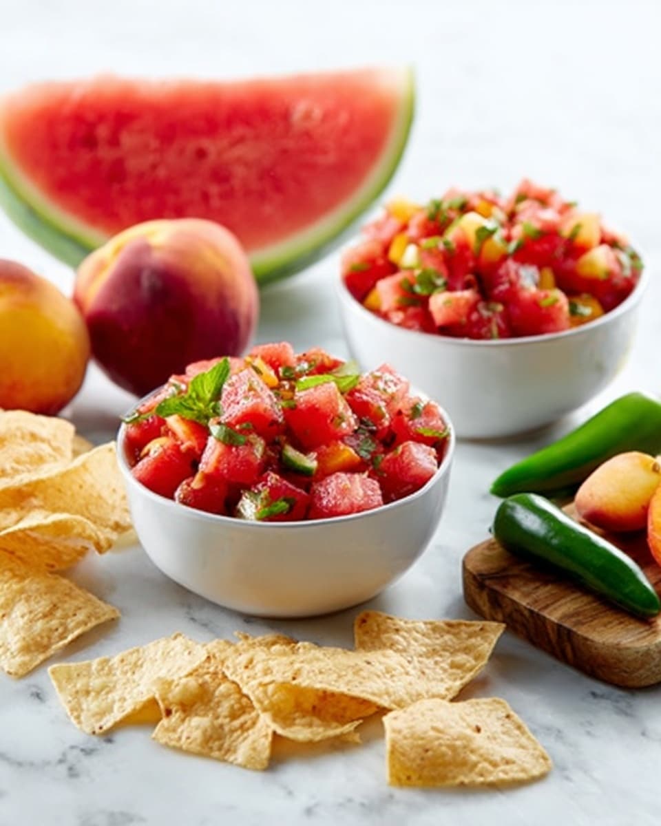 The image shows two white bowls full of a fresh watermelon salad with small green leaves on top, placed on a white marbled surface. In front of the bowls are light tan, crispy tortilla chips, scattered around casually. Behind the bowls, a large slice of bright red watermelon with a green rind and two whole peaches with reddish-yellow skin are visible, along with a few green chili peppers. The scene is bright and colorful, with the red and green colors popping against the white bowls and surface. A woman's hand is holding the tortilla chips near the bowls. Photo taken with an iphone --ar 4:5 --v 7