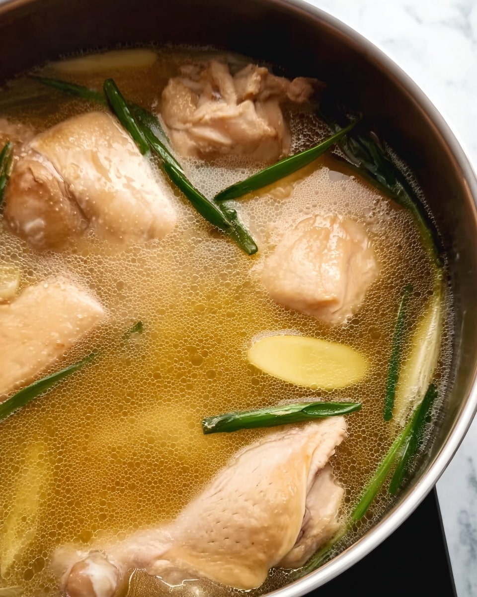 A close-up view of clear broth in a pot with several pieces of light beige chicken parts floating on top, some with smooth skin texture. Around the chicken, there are thin slices of light yellow ginger and a few long green onion stalks laying on the surface. The broth has small bubbles and a slightly oily texture, showing a warm golden color beneath the ingredients. The pot is silver with a black inner rim, and the background is a white marbled texture photo taken with an iphone --ar 4:5 --v 7