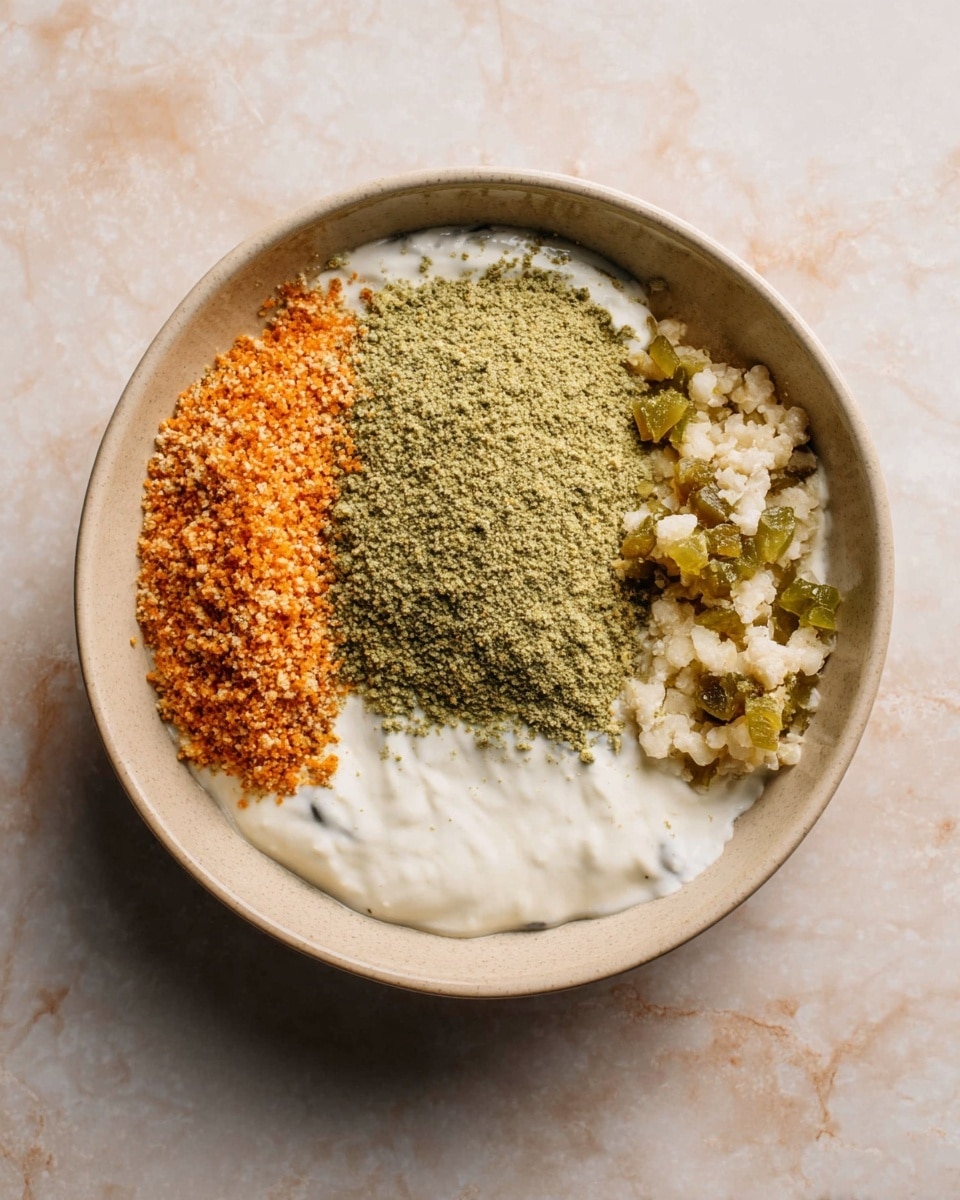 A light beige bowl sits on a white marbled surface, filled with four separate layers of ingredients. The bottom layer is a smooth white cream, thick and spread evenly. On top of this, in the center, is a coarse green powder with a slightly uneven texture. To the left side of the bowl, there is a bright orange crumbly layer, finely ground and piled carefully. On the right side, there are small diced pieces that are a mix of green and light tan, with a moist and chunky texture. The layers are distinct and arranged side by side without mixing photo taken with an iphone --ar 4:5 --v 7