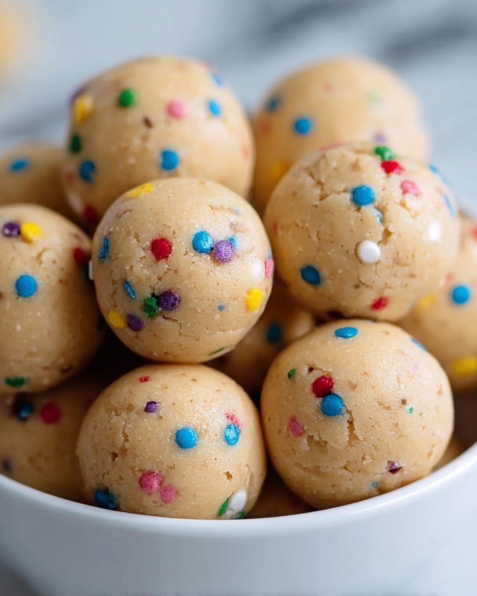 A white bowl filled with many round beige balls that look smooth and slightly shiny. Each ball has small colorful sprinkles in blue, yellow, red, green, purple, and white scattered unevenly inside, giving a speckled texture. The focus is close-up, showing the soft texture and small cracks on the balls' surface. The background is blurry but shows a white marbled surface. Photo taken with an iphone --ar 4:5 --v 7