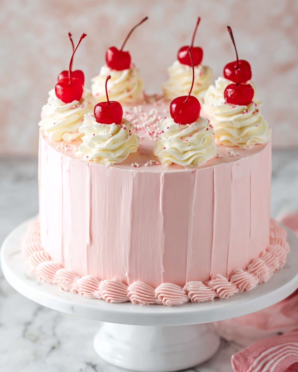 A round cake with smooth light pink frosting covers the entire surface. The sides show vertical lines in the frosting, giving a textured look. On top, there are eight swirls of white cream evenly spaced around the edge, each topped with a shiny red cherry with stems. Small white sprinkles are scattered lightly on the pink frosting in the middle. The cake sits on a white stand with a small border of cream swirls around the base, all placed on a white marbled surface. photo taken with an iphone --ar 4:5 --v 7