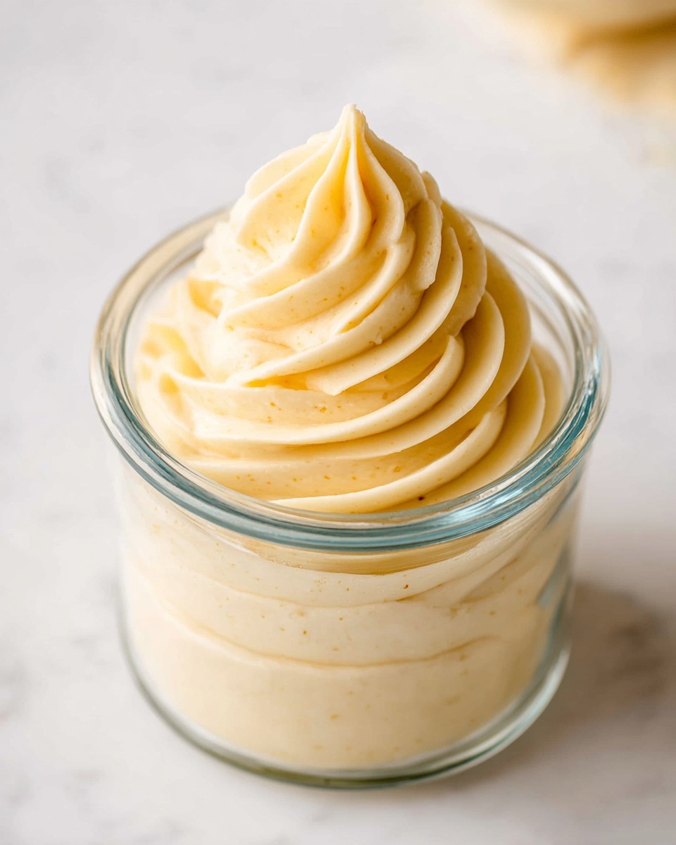A clear glass jar filled with a single layer of smooth, creamy pale yellow frosting, swirled in a soft, thick spiral that rises to a pointed peak in the center. The frosting texture looks silky with tiny specks of vanilla throughout. The jar is placed on a white marbled surface, giving a clean and bright background. photo taken with an iphone --ar 4:5 --v 7