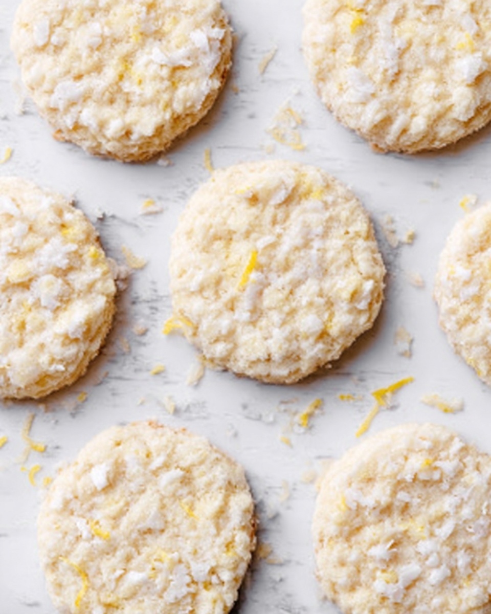 The image shows several round, thin cookies placed on a white marbled surface. Each cookie has a rough texture, with a pale yellow color mixed with white parts, giving them a slightly uneven look. The cookies are spaced evenly and appear soft with bits of coconut or flakes visible on the surface. The overall setting is bright, making the cookie details clear and the white marbled background smooth and clean. photo taken with an iphone --ar 4:5 --v 7