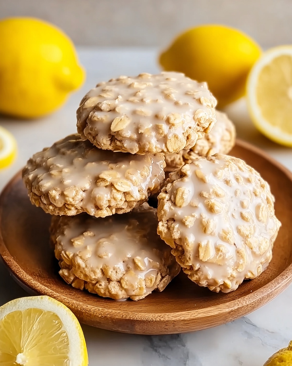 A small stack of round oatmeal cookies with a light glaze on top sits on a white marbled surface inside a round wooden plate. The cookies are pale tan with visible oats throughout, giving them a rough texture. The glaze on each cookie is thin and slightly shiny, covering the upper surface and highlighting the oats. Around the plate, there are whole lemons and half a lemon, adding bright yellow color details to the scene. The photo taken with an iphone --ar 4:5 --v 7