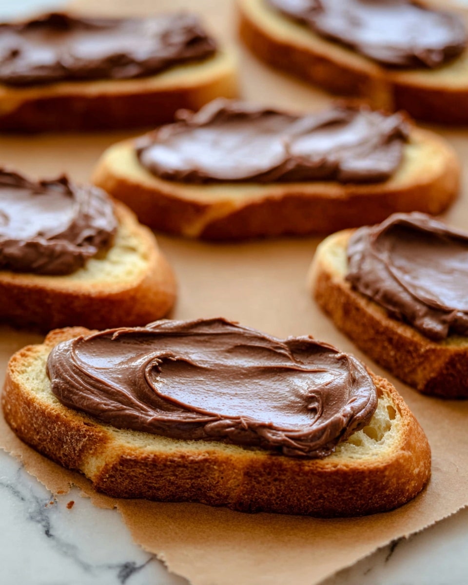 Several slices of crusty light brown bread are laid out on parchment paper over a white marbled surface. Each slice has one thick layer of smooth, swirled chocolate spread with visible shiny texture, evenly covering the top of the bread. The edges of the bread are slightly rough with a crisp golden tone. The background is softly blurred, focusing on the close-up of the toasted bread slices with the creamy chocolate spread photo taken with an iphone --ar 4:5 --v 7