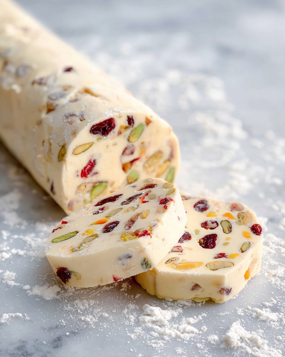 The image shows a round log of pale creamy dough with colorful bits of chopped dried fruits and nuts embedded inside. Two slices have been gently cut from the log, revealing the smooth, firm texture dotted with red, green, and orange pieces. The dough and slices rest on a surface dusted lightly with white powder. The background has a soft white marbled texture, creating a clean and bright look. photo taken with an iphone --ar 4:5 --v 7