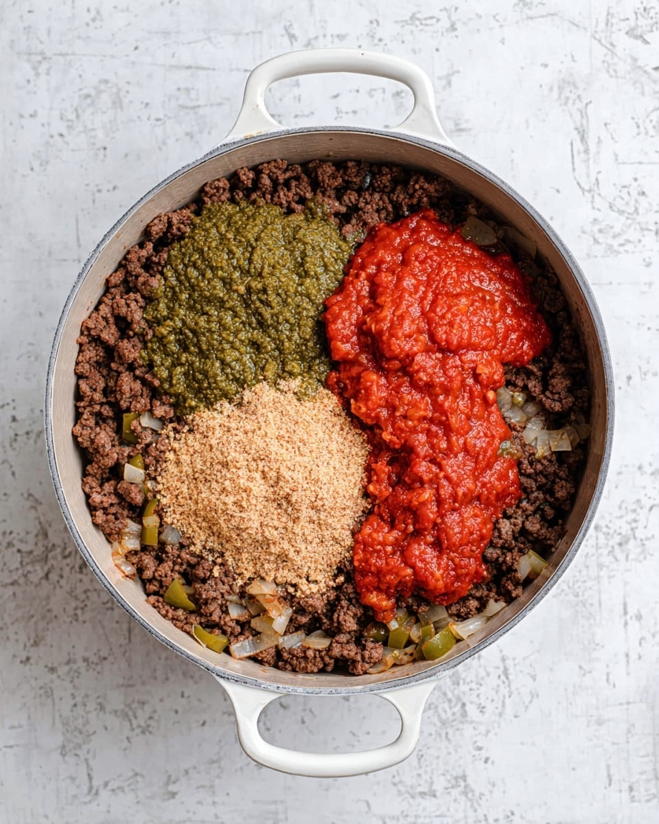 A white cooking pot with white handles is placed on a white marbled texture surface. Inside the pot, there is a layer of browned ground beef mixed with small pieces of onions and green peppers spread across the bottom. On top of the beef layer, there are three distinct piles of sauces and powders: a green sauce with a slightly chunky texture and visible seeds on the upper right, a red chunky tomato-based sauce on the lower right, and a mound of light brown powder or crumbled ingredient on the upper left. The colors in the pot contrast well, showing green, red, brown, and off-white elements distinctly. photo taken with an iphone --ar 4:5 --v 7
