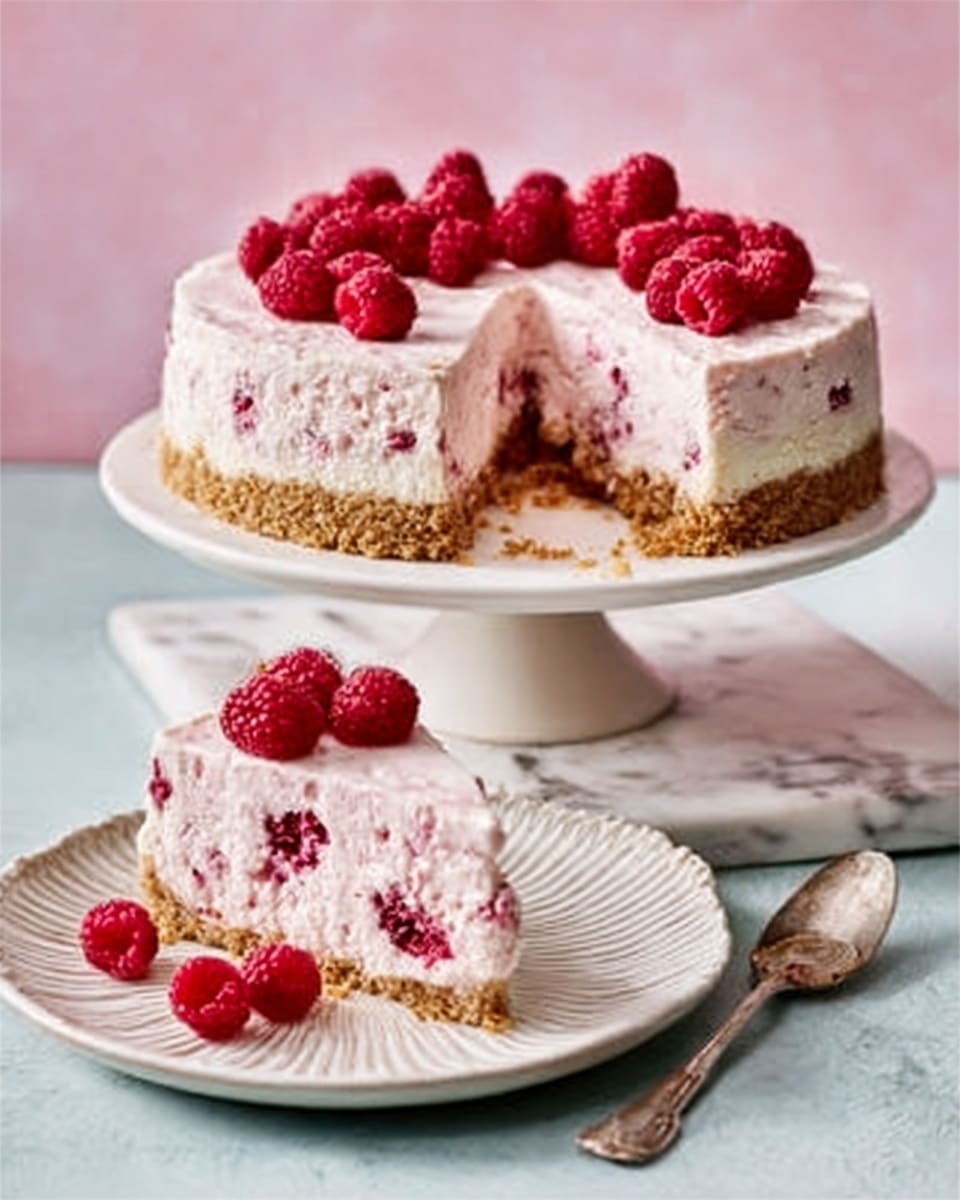 A white cake stand holds a round raspberry cheesecake with a light brown crumbly crust. The cheesecake is pale pink with visible pieces of raspberries inside and on top. A slice has been taken out and rests on a white plate with a textured edge, showing the creamy, smooth inside and the thick crust at the bottom. The cake is garnished with fresh raspberries on top. A silver spoon lies on a white marbled surface next to the plate, and the background is soft pink. Photo taken with an iphone --ar 4:5 --v 7