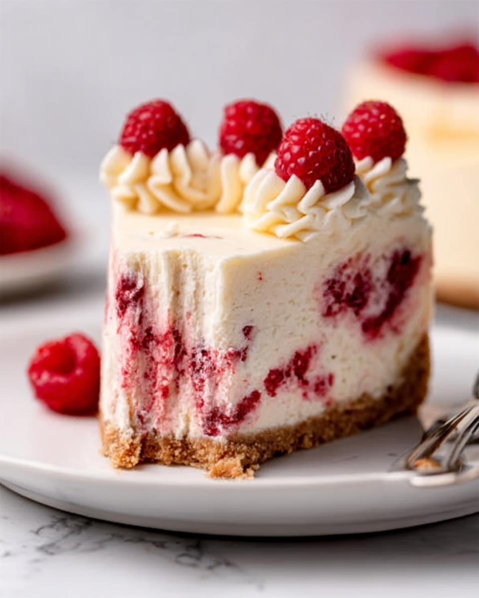 A slice of cheesecake with three clear layers sits on a white plate. The bottom layer is a firm, light brown crust. Above it is a thick, creamy white layer filled with red berry pieces spread inside. The top layer has soft white cream swirled in small peaks, each topped with a bright red raspberry. The white marbled surface and slightly blurred background add softness to the image. Photo taken with an iphone --ar 4:5 --v 7