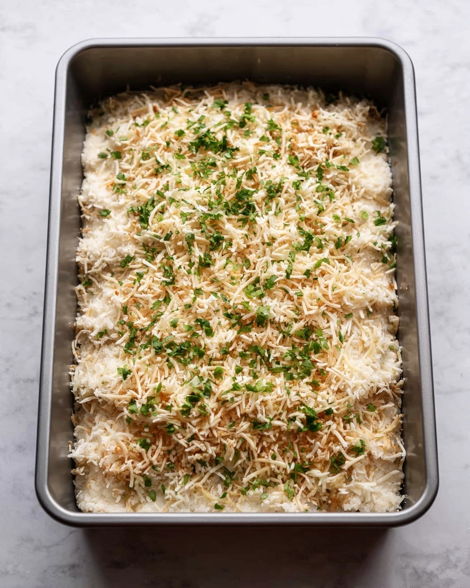 A rectangular gray metal baking pan filled with a layered mixture. The bottom layer looks like a beige, slightly chunky base, topped thickly with light tan, shredded flakes. Scattered evenly across the top are small chopped green herbs, adding a fresh contrast to the pale layers below. The pan is placed on a white marbled surface. photo taken with an iphone --ar 4:5 --v 7