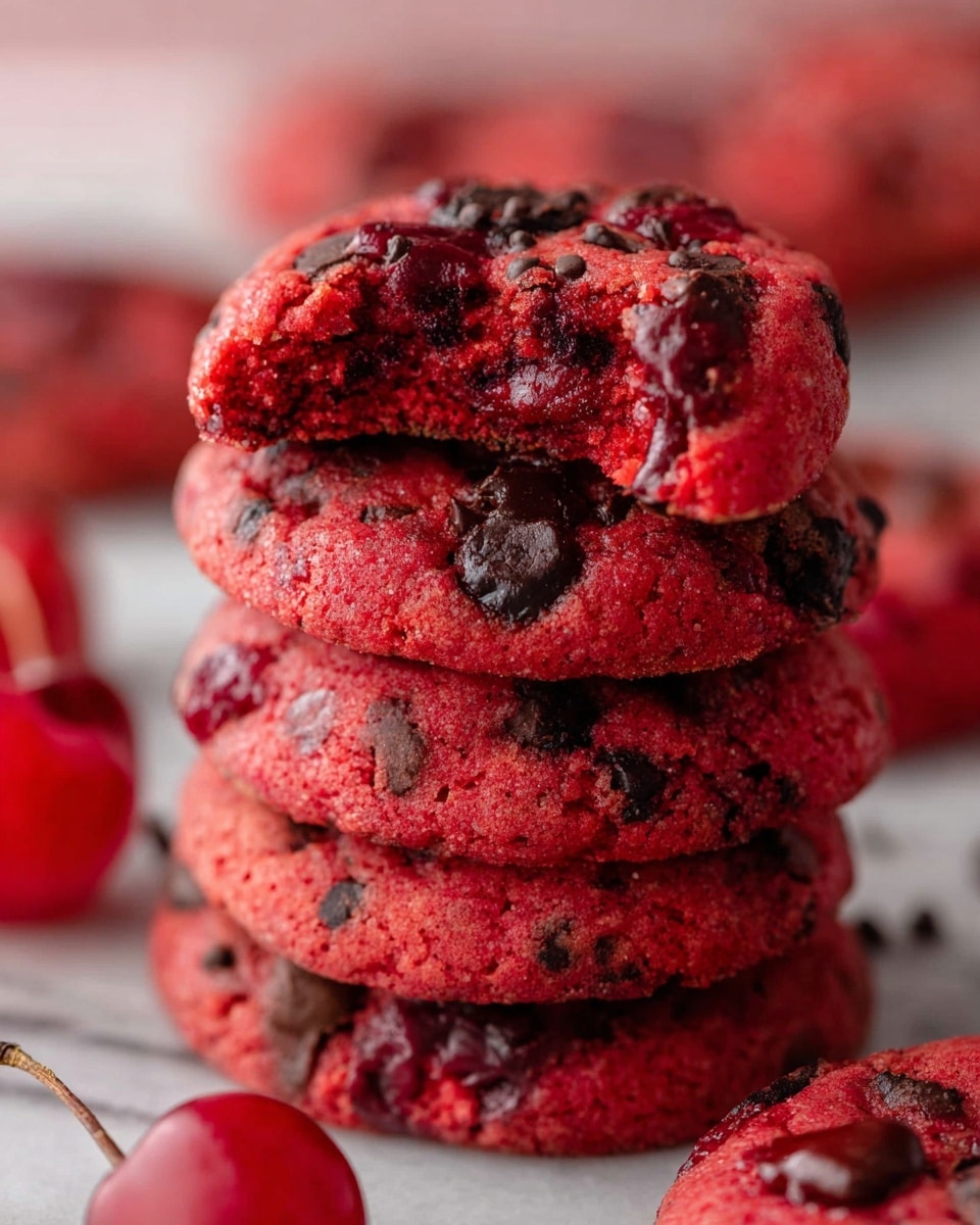 A stack of four bright red cookies is shown on a white marbled surface. Each cookie is thick with a soft, slightly rough texture, studded with many dark chocolate chips and shiny red cherry pieces. The top cookie has a missing bite, revealing a moist, crumbly interior with red and dark specks. More cookies and cherries are blurred softly in the background, and one cherry with a stem rests near the base of the stack. photo taken with an iphone --ar 4:5 --v 7