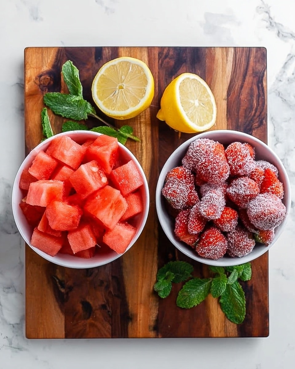 A white bowl on the left is filled with bright red, cubed watermelon pieces, showing a juicy texture. On the right, another white bowl holds whole strawberries covered in a light sugar layer, giving them a frosted look. Between and slightly below the bowls, two lemon halves with bright yellow flesh are placed with green mint leaves around them, adding a fresh contrast. All items rest on a dark wooden rectangular cutting board set on a white marbled surface. Photo taken with an iphone --ar 4:5 --v 7