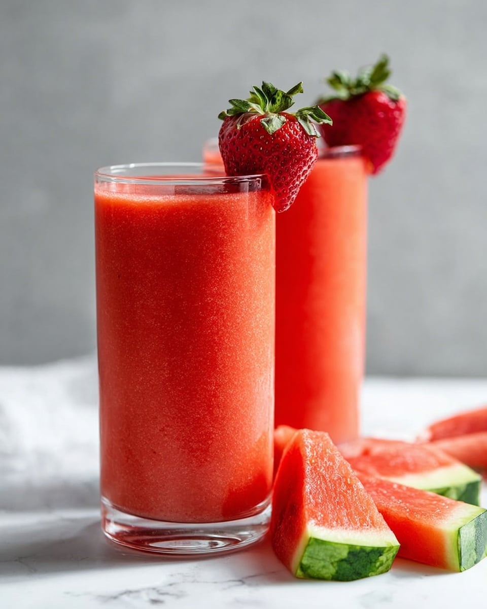 Two clear tall glasses filled with smooth, bright red smoothie are placed side by side on a white marbled surface. Each glass has a fresh, whole red strawberry with green leaves sitting on the rim. At the base of the glasses, there are triangular slices of red watermelon with green rind resting loosely. The background is simple and gray, making the colors of the smoothie, strawberries, and watermelon stand out clearly. photo taken with an iphone --ar 4:5 --v 7